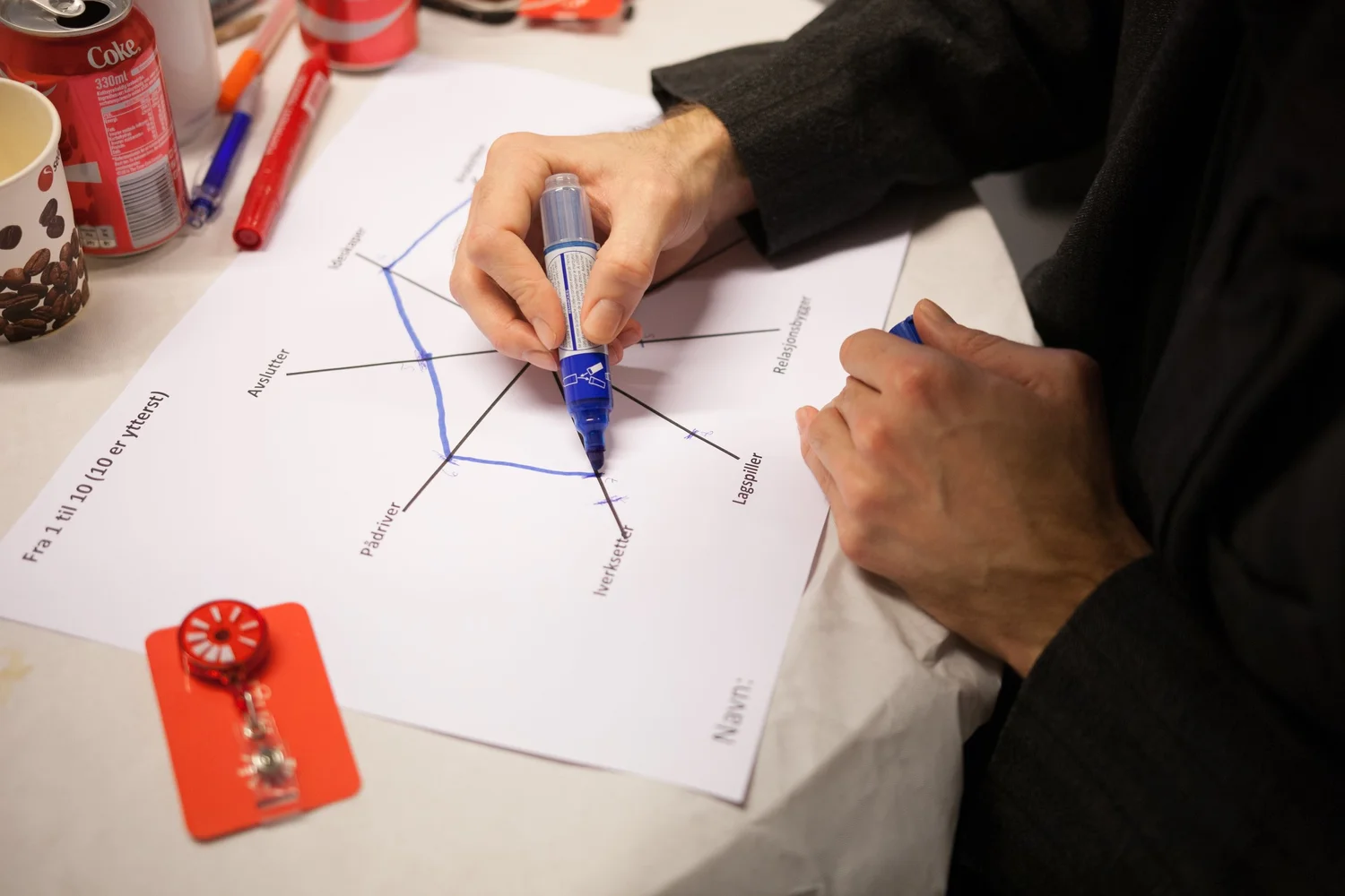 Hånd som tegner opp en kjøreplan på papir under en strategiworkshop